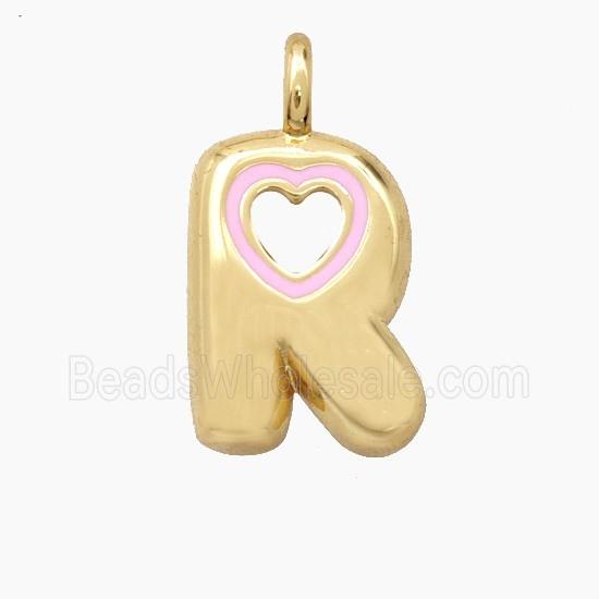 Copper Letter-R Pendant Pink Enamel Heart Gold Plated