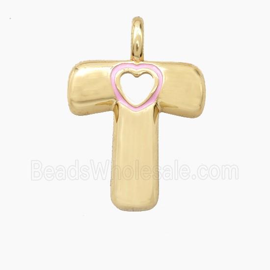 Copper Letter-T Pendant Pink Enamel Heart Gold Plated