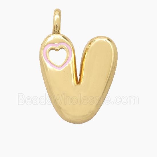 Copper Letter-V Pendant Pink Enamel Heart Gold Plated