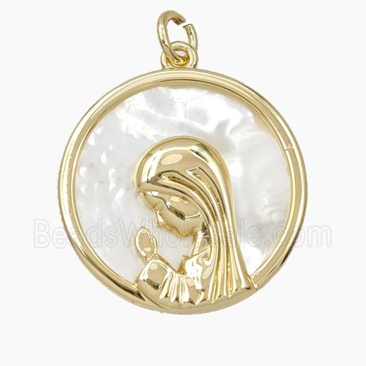 Copper Virgin Mary Pendant Pave Shell Gold Plated