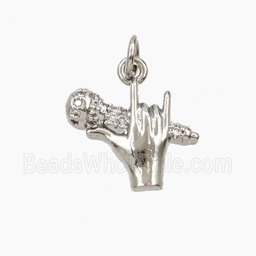 Copper Microphone Hand Pendant Pave Zirconia Platinum Plated