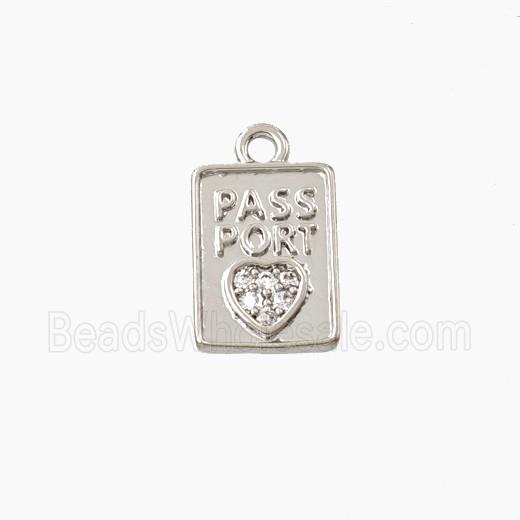 Copper Passport Pendant Pave Zirconia Heart Platinum Plated