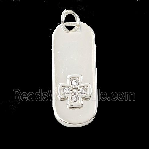 Copper Rectangle Cross Pendant Pave Zirconia Shiny Silver