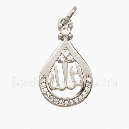 Copper Teardrop Pendant Pave Zirconia Allah Platinum Plated