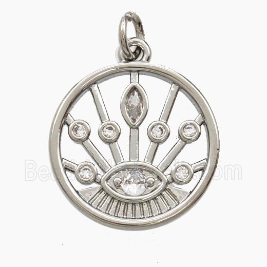 Copper Evil Eye Pendant Pave Zirconia Circle Platinum Plated