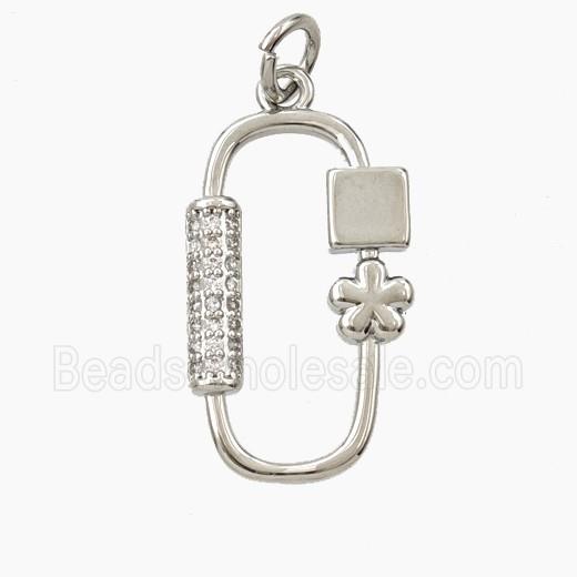 Copper Rectangle Pendant Pave Zirconia Flower Platinum Plated