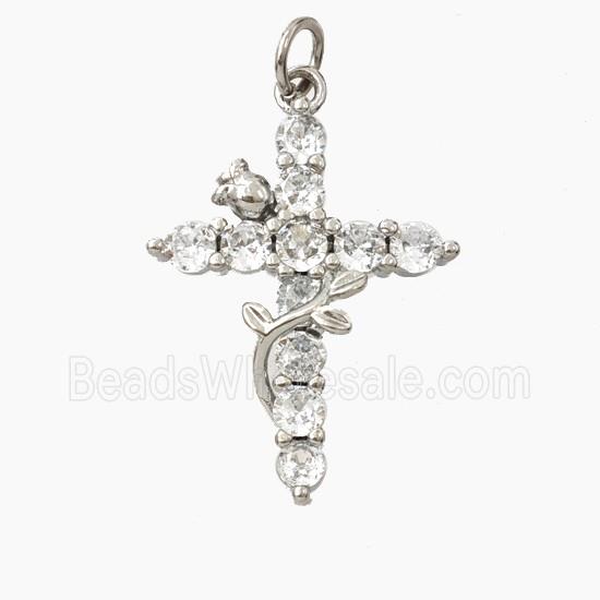 Copper Cross Pendant Pave Zirconia Flower Platinum Plated