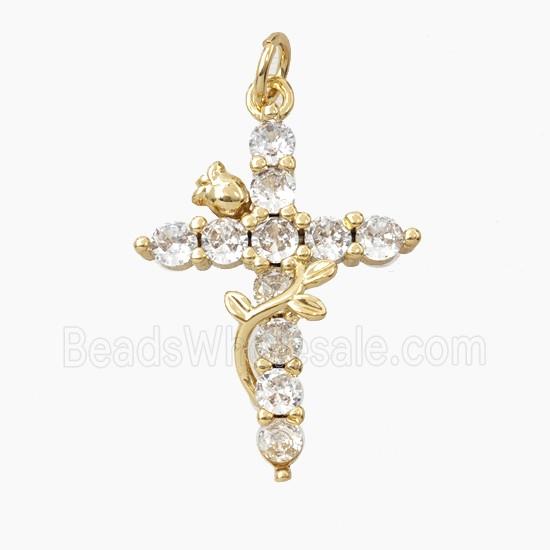 Copper Cross Pendant Pave Zirconia Flower Gold Plated