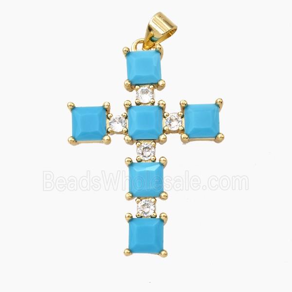 Copper Cross Pendant Pave Turq Zirconia Gold Plated