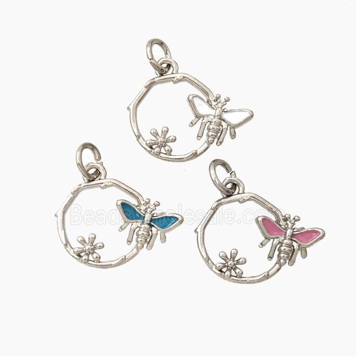 Copper Honeybee And Flower Pendant Enamel Platinum Plated Mixed