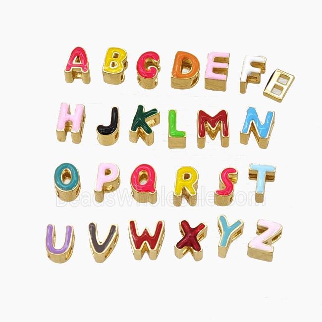 Copper Alphabet Beads Enamel 2Holes Gold Plated Mixed Letters