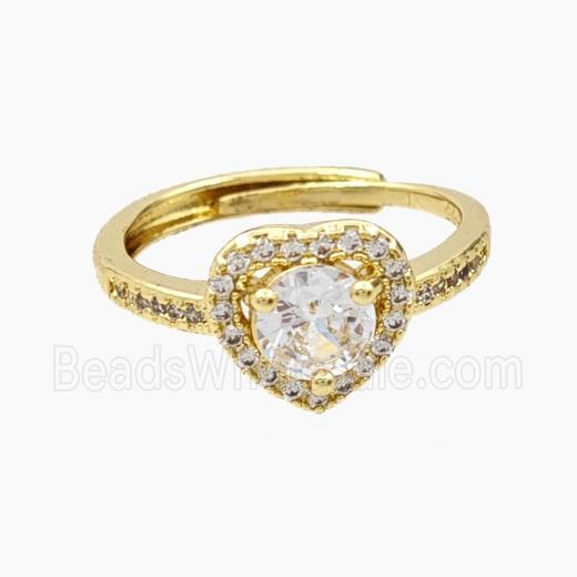 Copper Heart Rings Pave Zirconia Adjustable Gold Plated