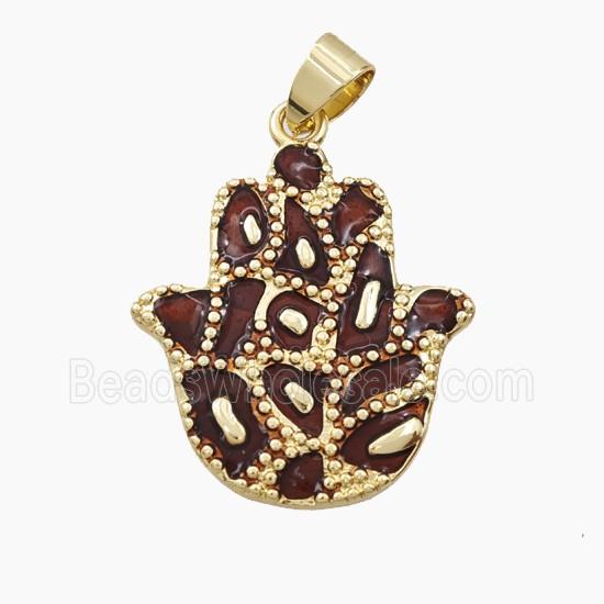 Copper Hamsahand Pendant DarkRed Enamel Bohemia Style Gold Plated