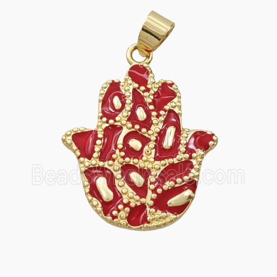 Copper Hamsahand Pendant Red Enamel Bohemia Style Gold Plated