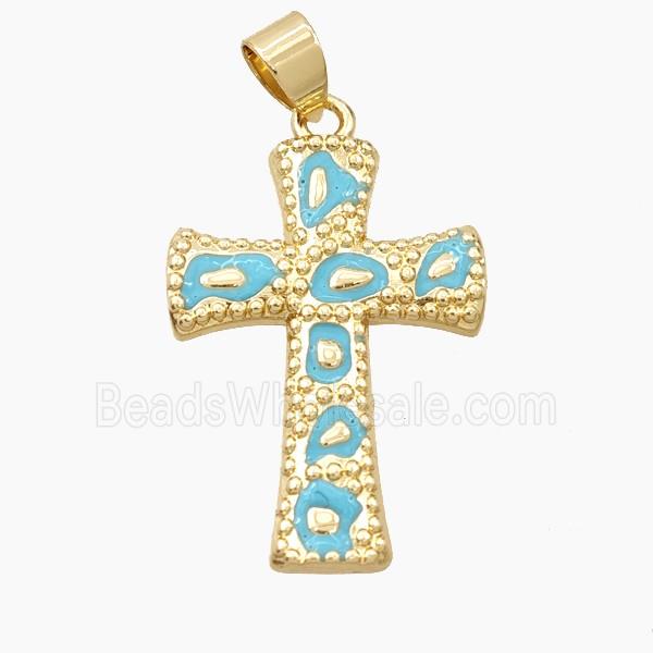 Copper Cross Pendant Teal Enamel Bohemia Style Gold Plated