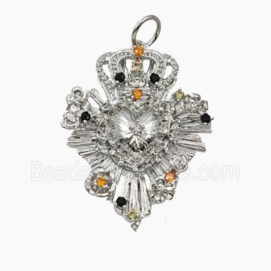 Copper Crown Heart Pendant Pave Zirconia Platinum Plated