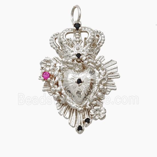 Copper Crown Heart Pendant Pave Zirconia Platinum Plated