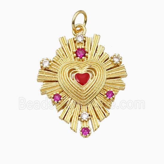 Copper Heart Pendant Pave Zirconia Ribbed Gold Plated