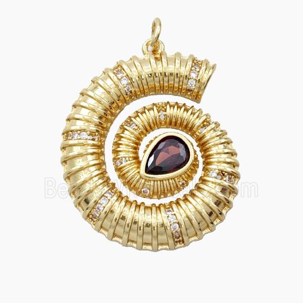 Copper Seashell Pendant Pave Zirconia Spiral Gold Plated