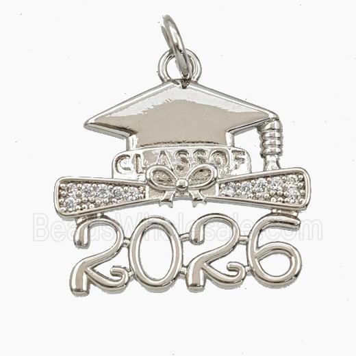 Graduation Cap Charms Copper Pendant Pave Zirconia 2026 Platinum Plated