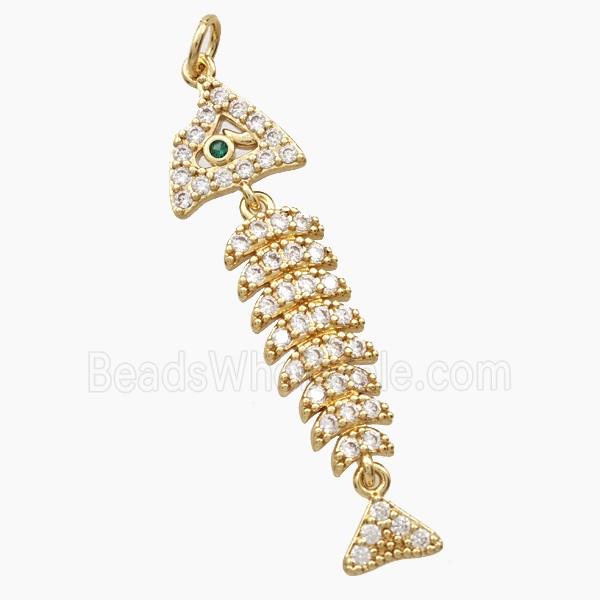 Copper Fishbone Pendant Pave Zirconia Gold Plated