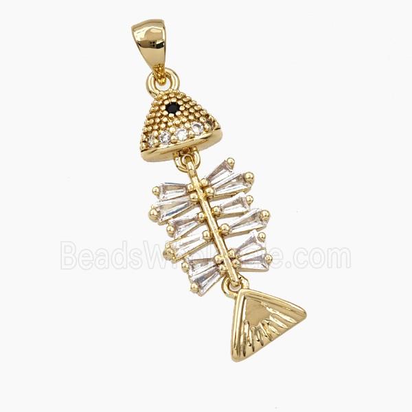 Copper Fishbone Pendant Pave Zirconia Gold Plated