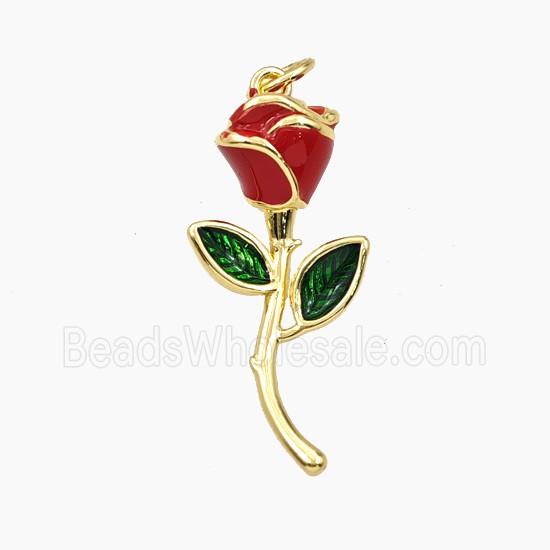 Copper Rose Flower Pendant Red Enamel Gold Plated