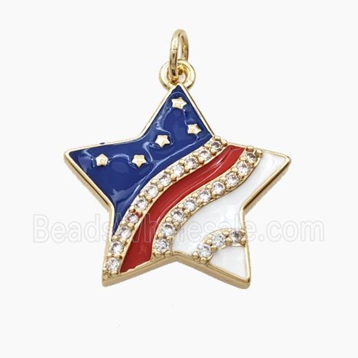 Copper Star Pendant Pave Zirconia Enamel American National Flag Gold Plated