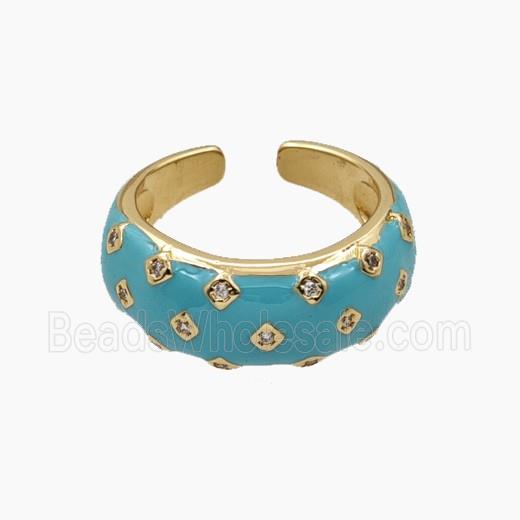 Copper Rings Micropave Zirconia Teal Enamel Gold Plated