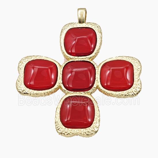 Copper Cross Pendant Pave Red Resin Gold Plated