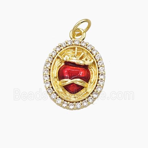 Copper Sacred Heart Pendant Pave Zirconia Red Painted Gold Plated