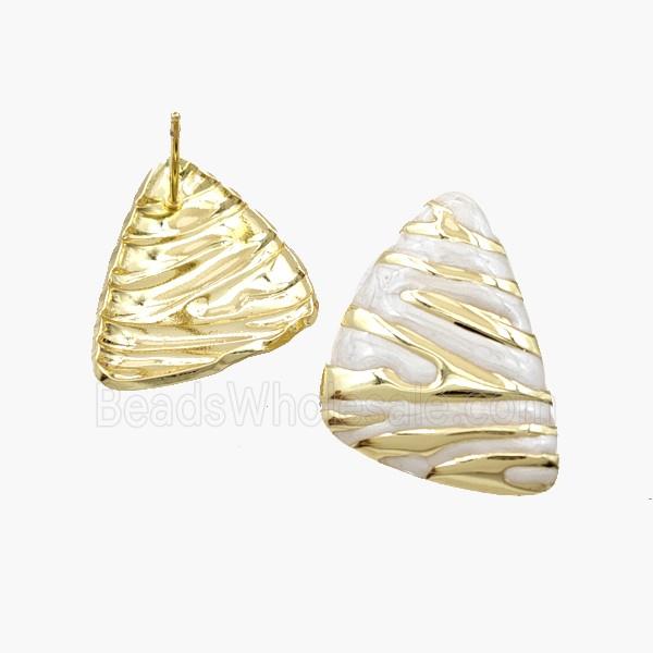 Copper Triangle Stud Earrings White Enamel Gold Plated