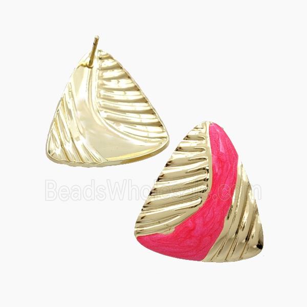 Copper Triangle Stud Earrings Red Enamel Gold Plated