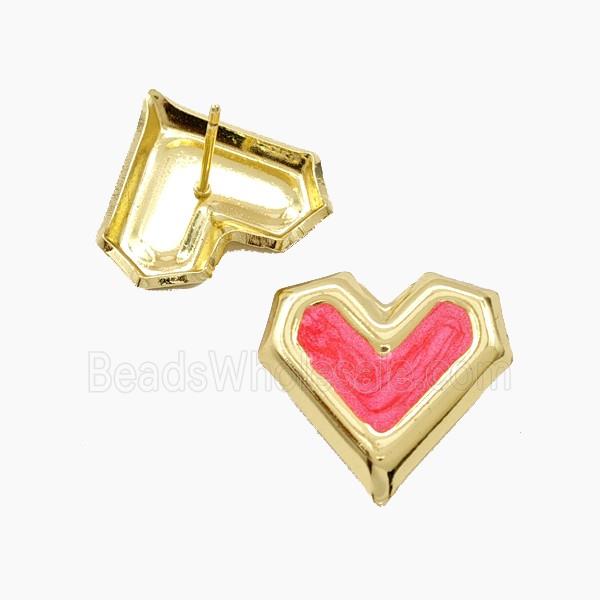 Copper Heart Stud Earrings Red Enamel Gold Plated