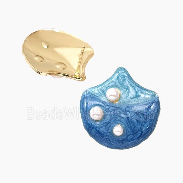 Copper Stud Earrings Blue Enamel Gold Plated