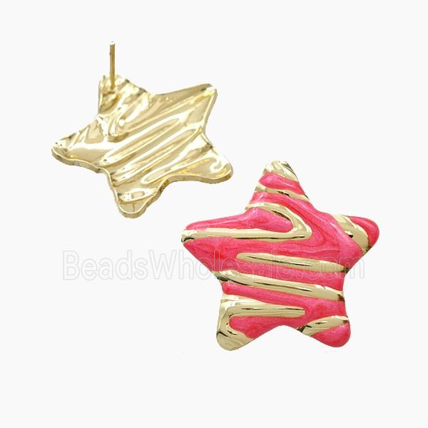 Copper Star Stud Earrings Red Enamel Gold Plated