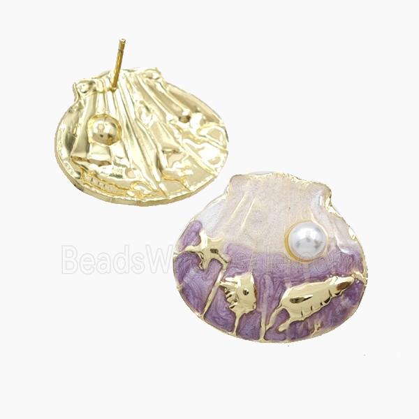Copper Scallop Shell Stud Earrings Enamel Gold Plated