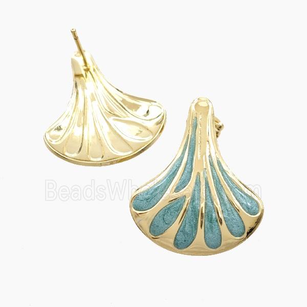 Copper Scallop Shell Stud Earrings Turqblue Enamel Gold Plated