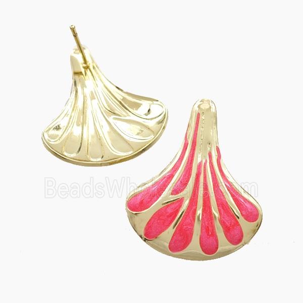 Copper Scallop Shell Stud Earrings Red Enamel Gold Plated