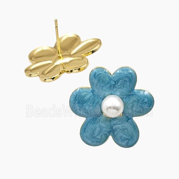 Copper Flower Stud Earrings Turqblue Enamel Gold Plated