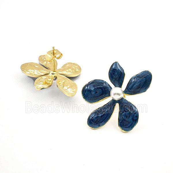 Copper Flower Stud Earrings Navyblue Enamel Gold Plated