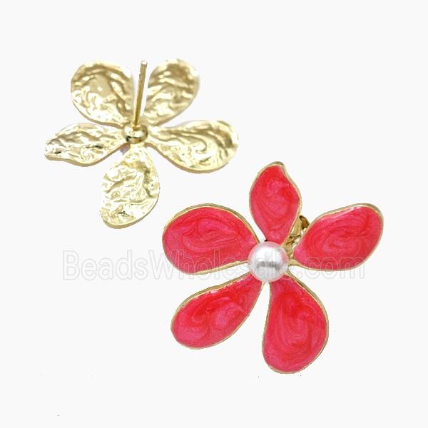 Copper Flower Stud Earrings Red Enamel Gold Plated