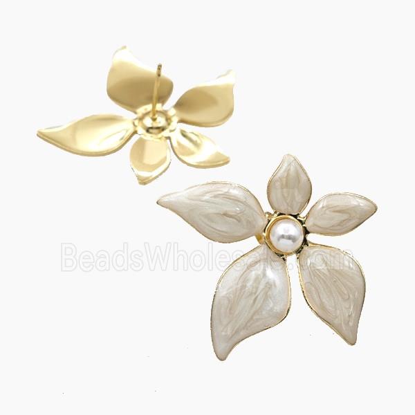 Copper Flower Stud Earrings White Enamel Gold Plated