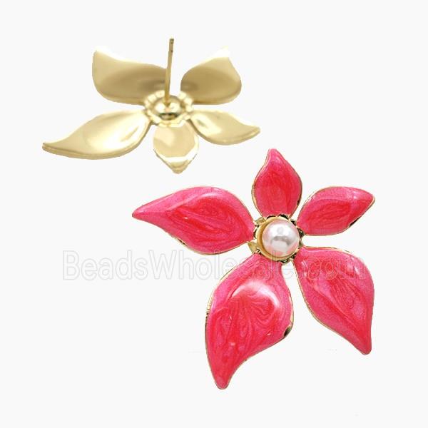 Copper Flower Stud Earrings Red Enamel Gold Plated