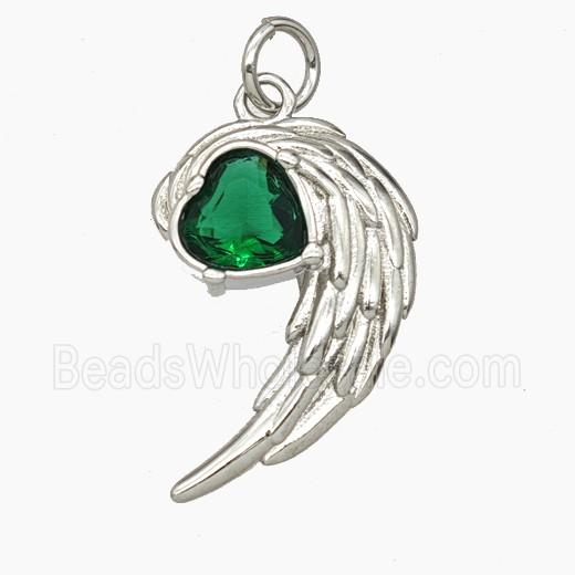 Copper Angel Wings Pave Green Heart Crystal Glass Platinum Plated