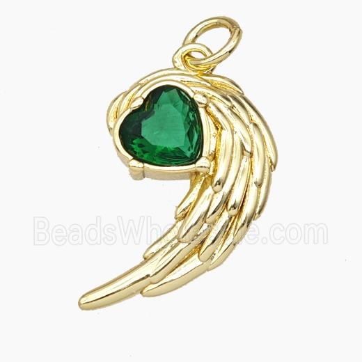 Copper Angel Wings Pave Green Heart Crystal Glass Gold Plated