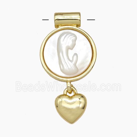 Copper Pendant Pave Shell Virgin Mary Heart Gold Plated
