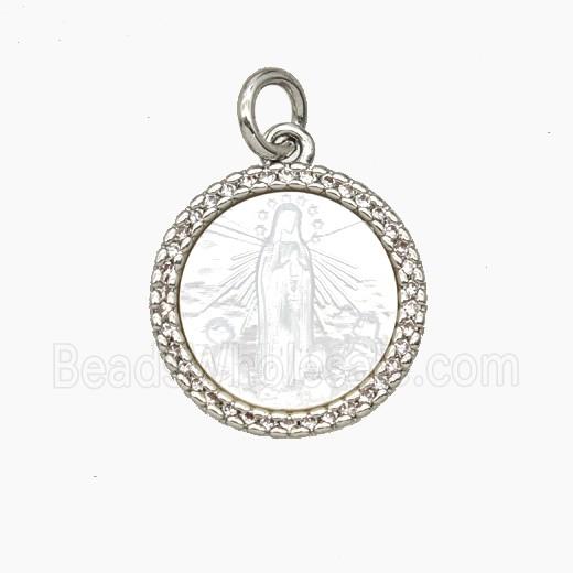 Copper Pendant Pave Shell Virgin Mary Zirconia Platinum Plated