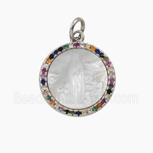 Copper Pendant Pave Shell Virgin Mary Zirconia Platinum Plated