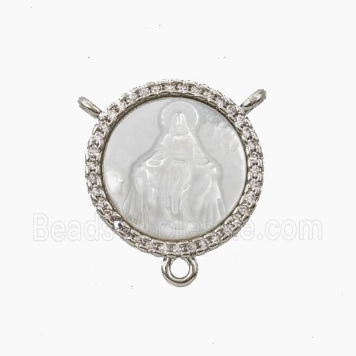 Copper Connector Pave Shell Virgin Mary Zirconia Platinum Plated